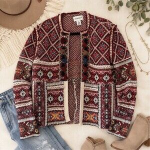Peck & Peck Womens M Boho Tapestry Open Front Cardigan Jacket Wool Blend